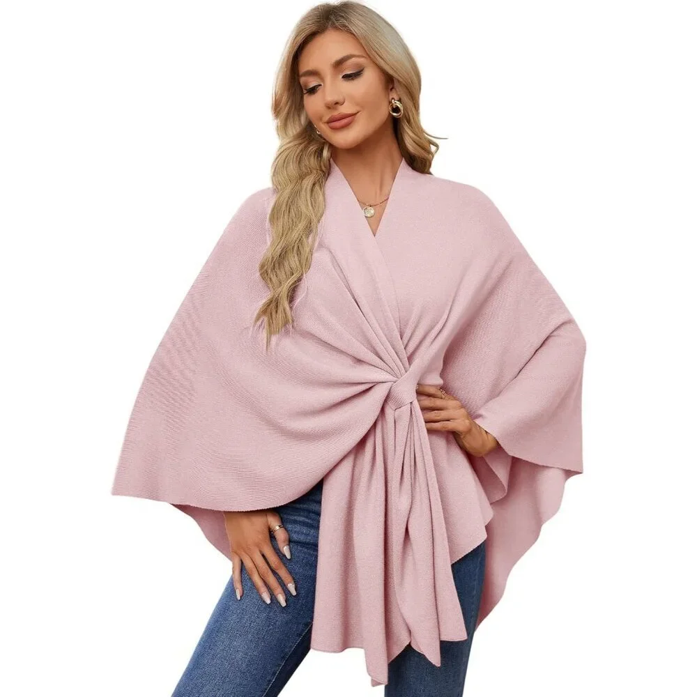Women's Pink Elegant Open Poncho Sweater For Spring Fall Winter Shawl Wraps